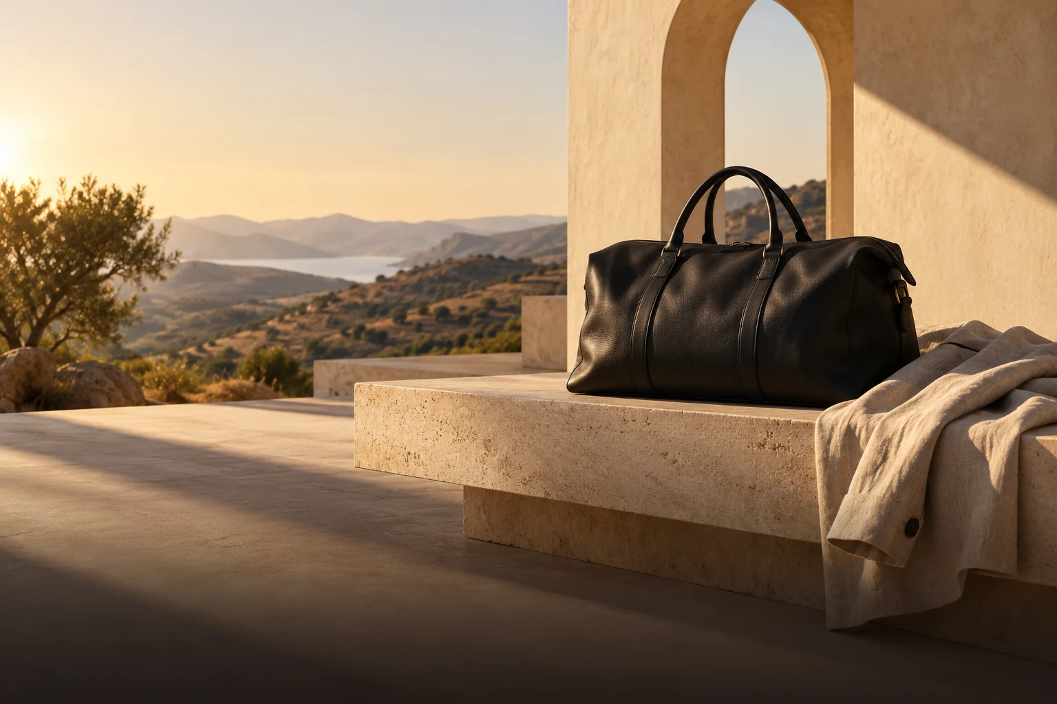 Zyvora editorial concept of a quiet sunlit terrace and black leather bag